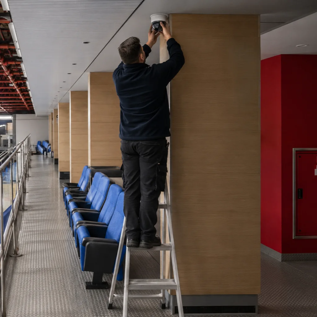 Technik inštaluje bezpečnostnú kameru na zimnom štadióne V. Dzurillu